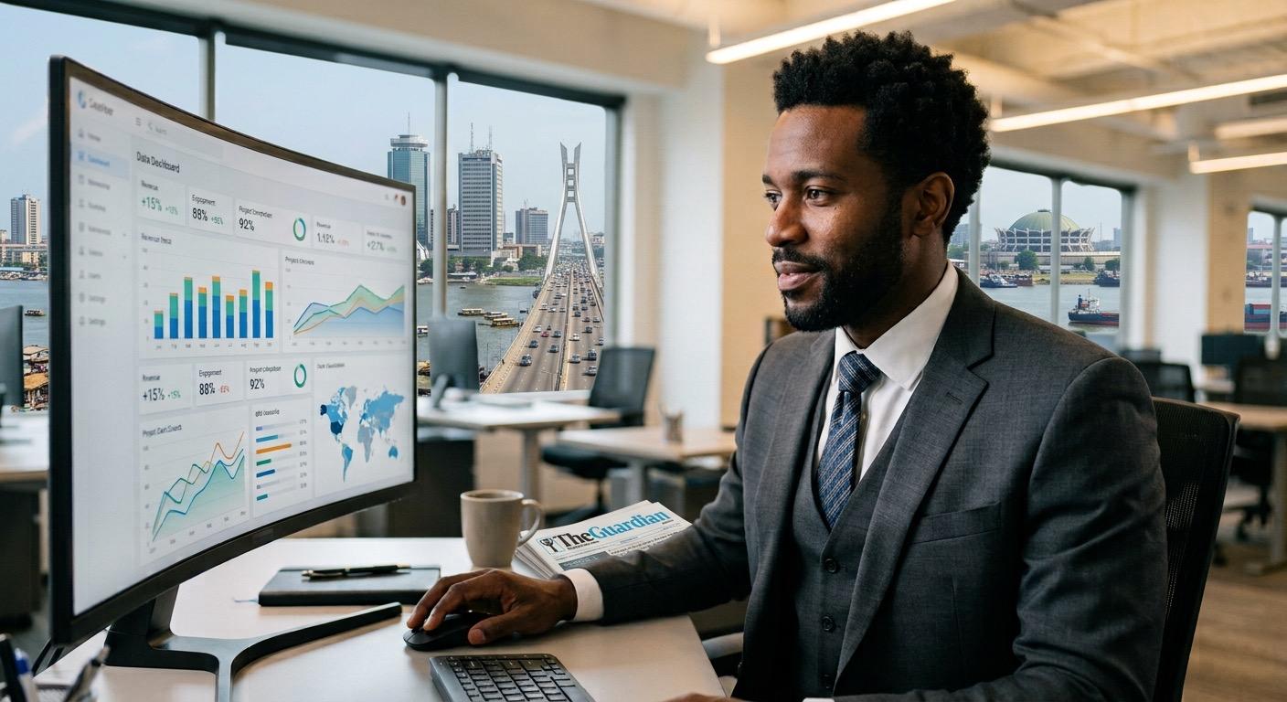 A professional in a suit working at a dashboard in a city-view office